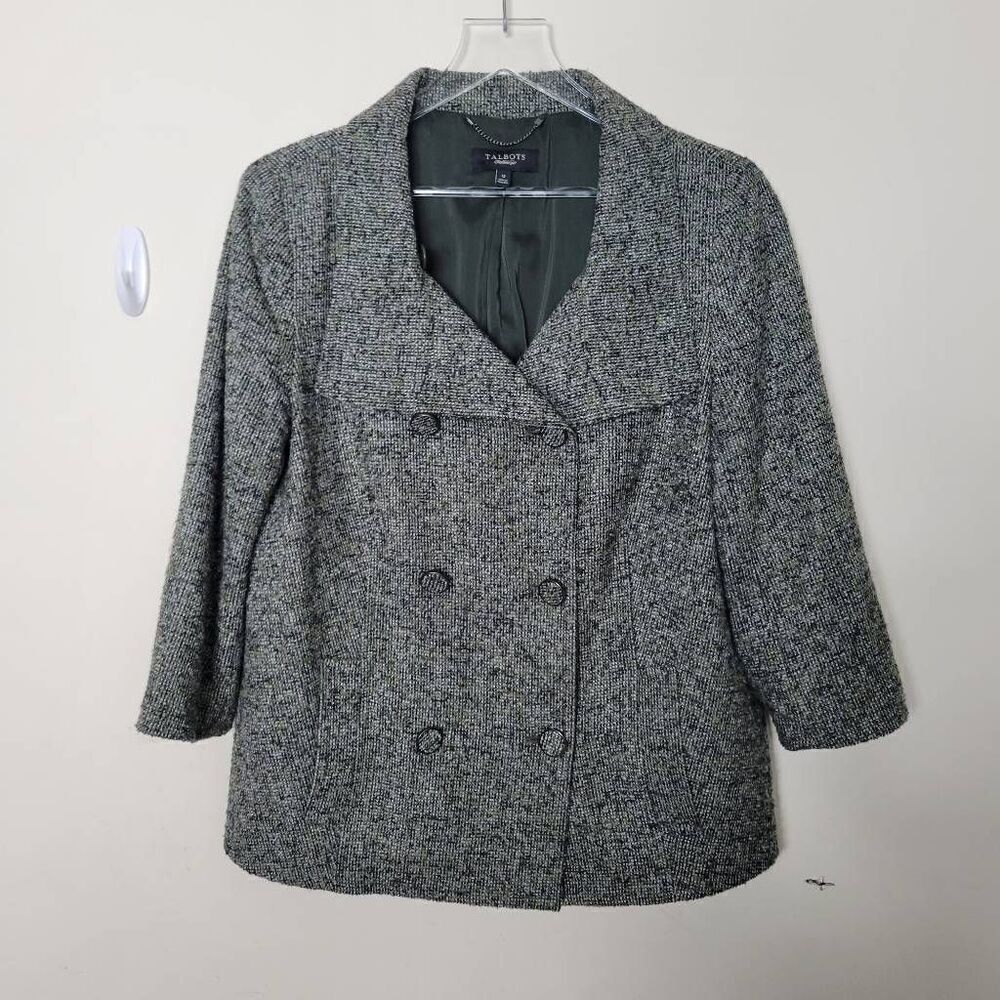 Talbots Double Breasted Wool Blend Lined Green Black Career Jacket Blazer 12